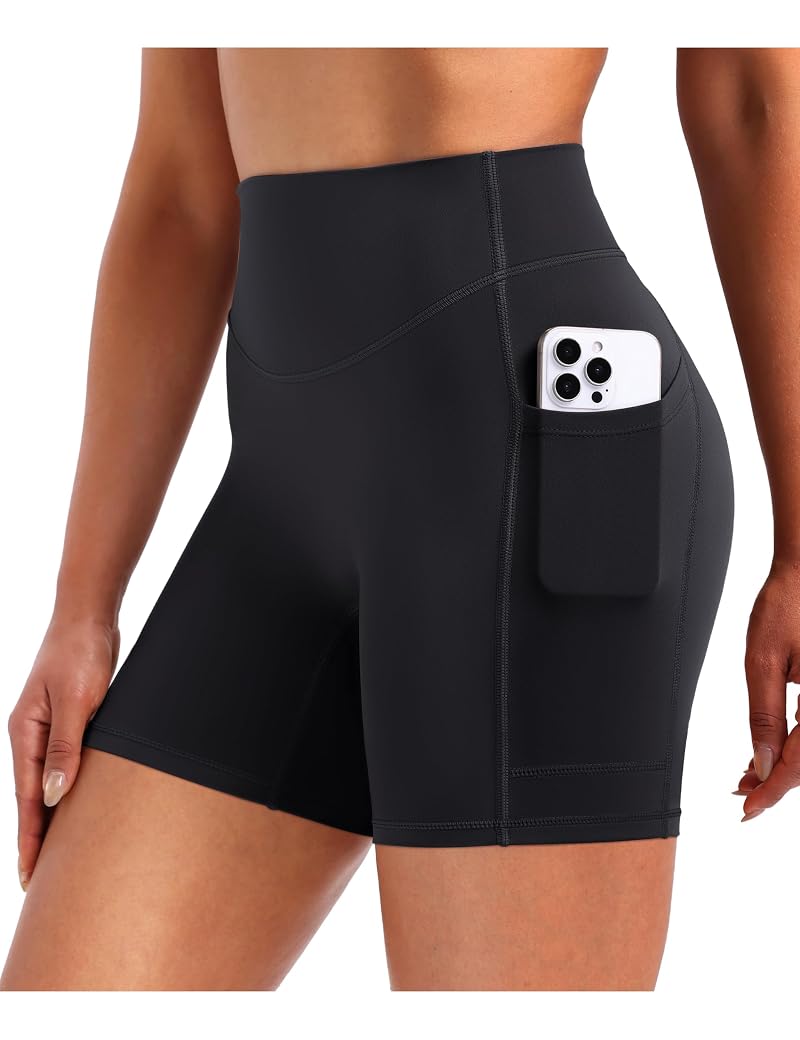 EnerBloom Women’s Biker Shorts with Pockets, 6" Inseam – High Waist, No Front Seam