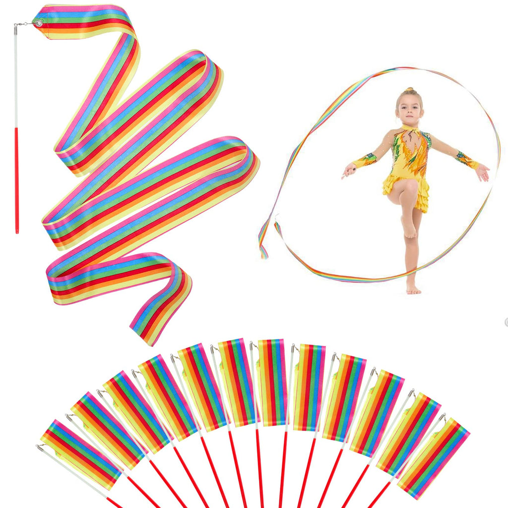 HiUnicorn 12PCS Rainbow Party Favors Dance Ribbons for Kids Circus Carnival Rhythmic Gymnastics Birthday Party Decoration Supplies, Ribbon Baton Twirling Sticks Silks Streamers Wands for Girls