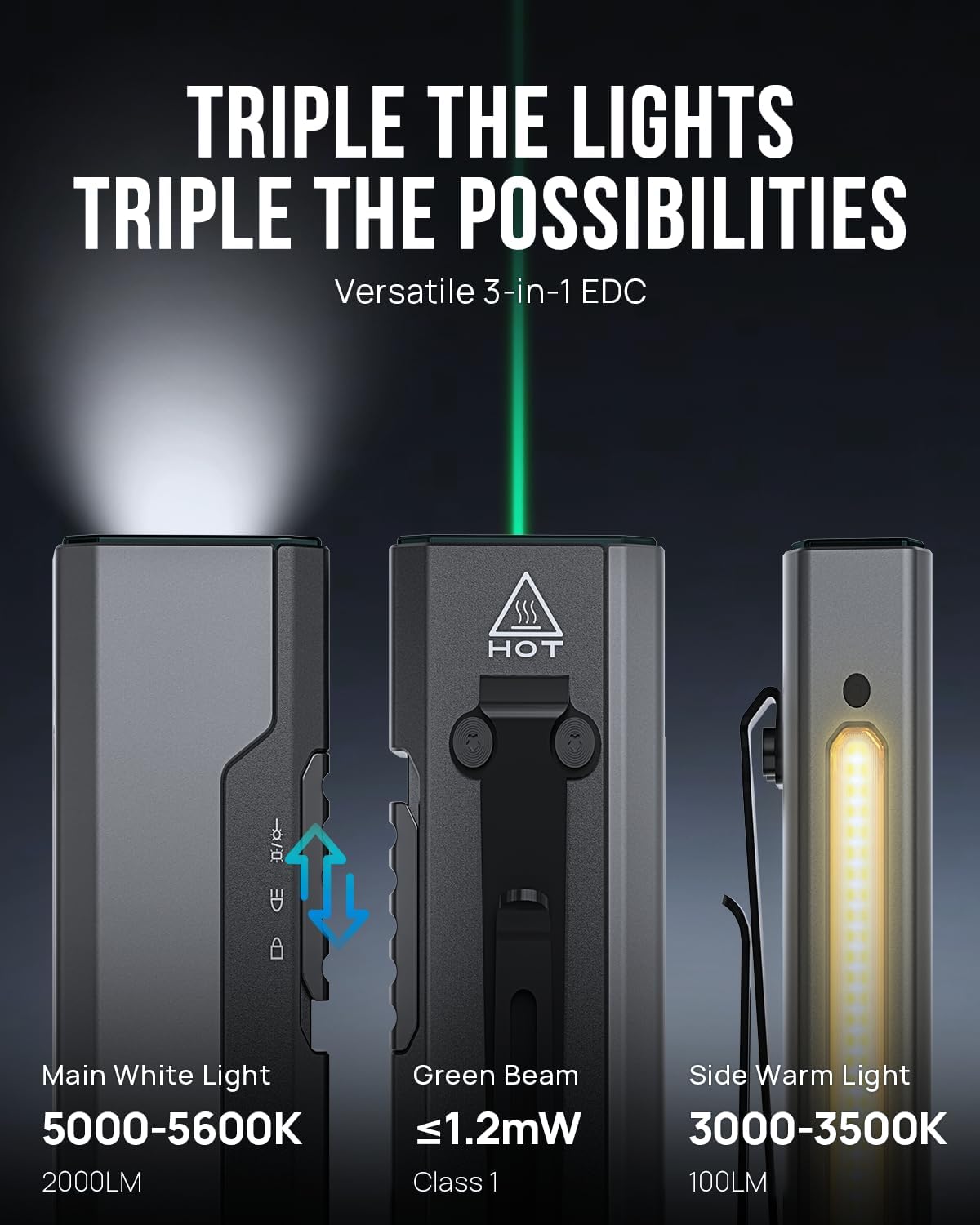 SCOUTLITE Vario GB 2000 EDC Flashlight - 2000 Lumens Green Beam & LED Combo | Compact Magnetic Pocket Light (Black)