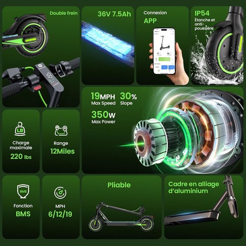 Isinwheel S9/S9Pro Electric Scooter - 19MPH Speed, 350W Motor, 12/19 Mile Range, Foldable Design