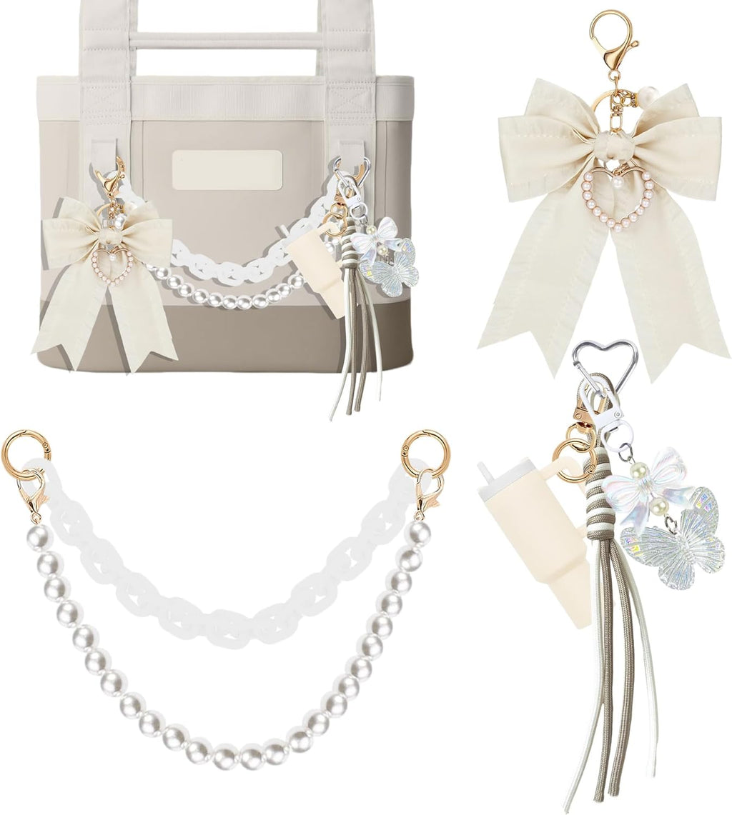 YPINGABS Tote Bag Accessory Set - Enhance Your YETI Camino 20/35/50 & Bogg Bags with Pearl Bow Pendant, Acrylic Chain, Mini Tumbler Keychain & Butterfly Beaded Charms (White)