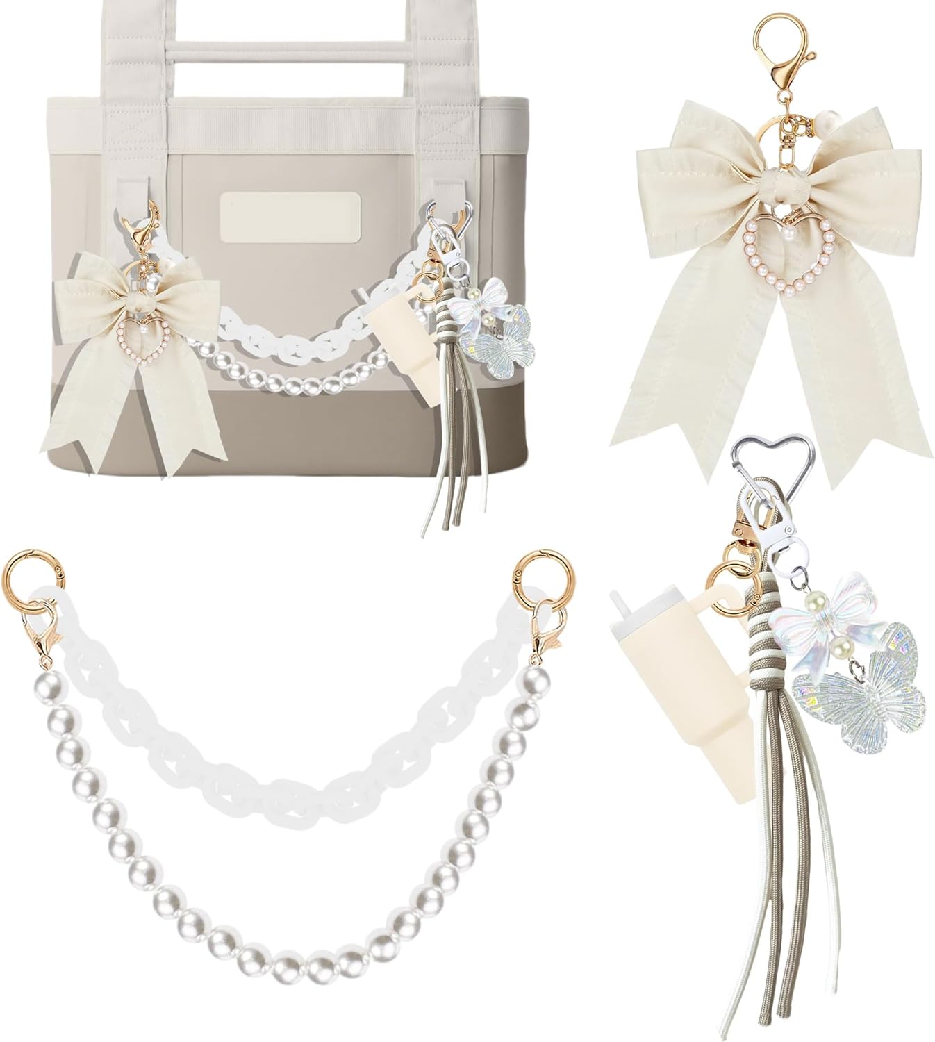 YPINGABS Tote Bag Accessory Set - Enhance Your YETI Camino 20/35/50 & Bogg Bags with Pearl Bow Pendant, Acrylic Chain, Mini Tumbler Keychain & Butterfly Beaded Charms (White)