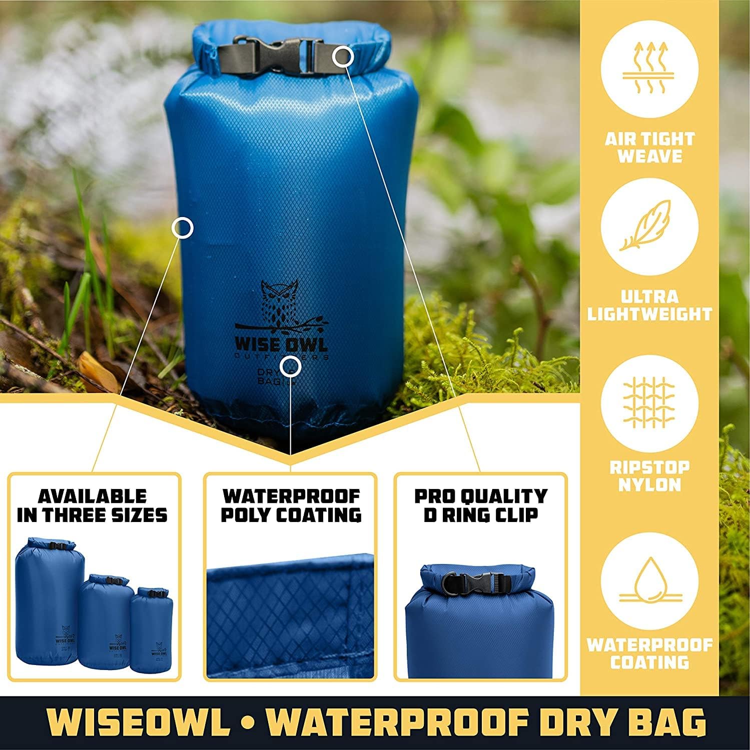 Wise Owl Outfitters Waterproof Dry Bag 3-Pack - Lightweight & Airtight 5L/10L/20L for Kayaking, Beach & Travel