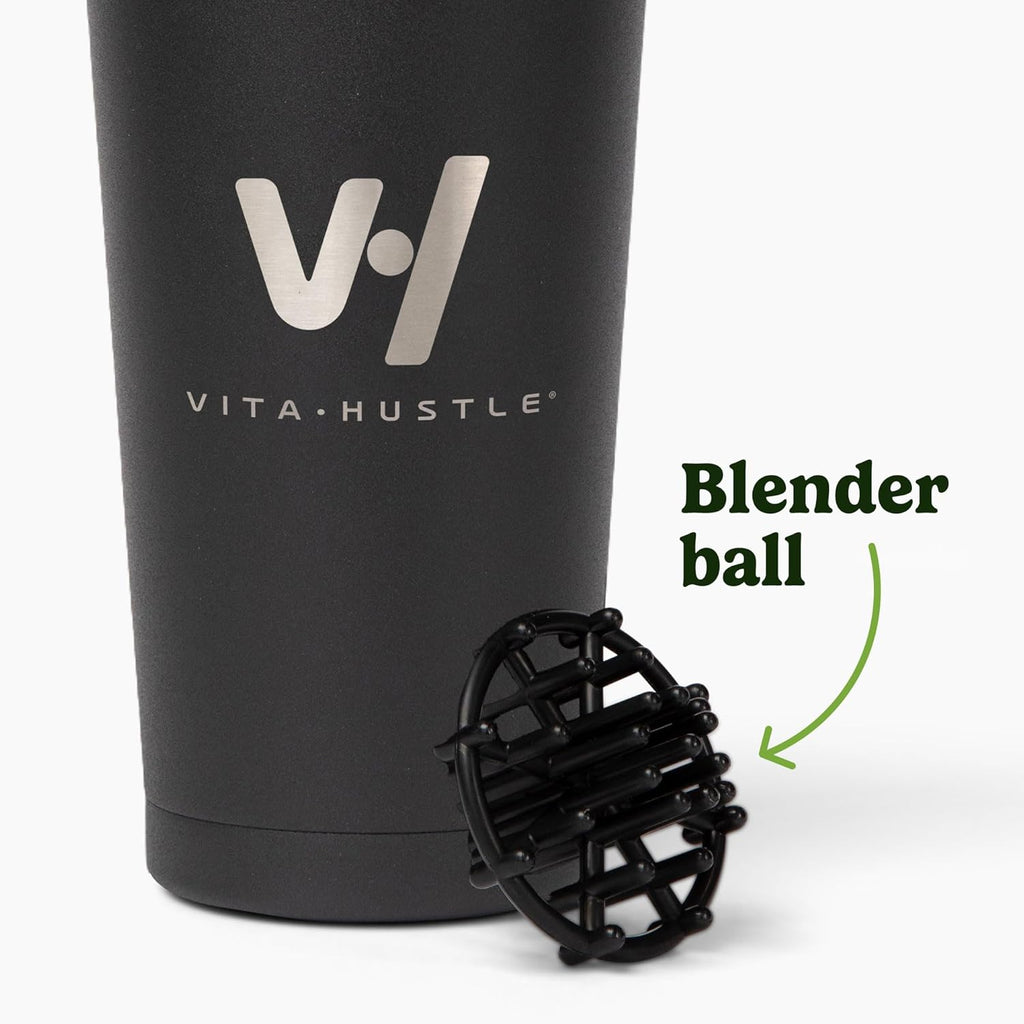 VitaHustle Stainless Steel Shaker Cup with Twist Cap, Leakproof, Blender Ball, Perfect for Protein Shakes or Post Workout, Fits Car Cup Holder, BPA Free, 20 oz (Black)