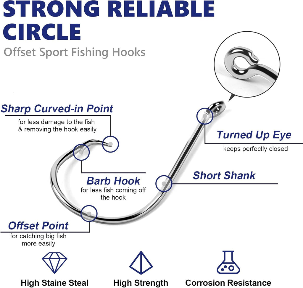 UCEC Circle Hooks - 2X Strong Offset Fishing Hooks for Saltwater | High Carbon Steel, 150/240pcs, Sizes #1-8/0