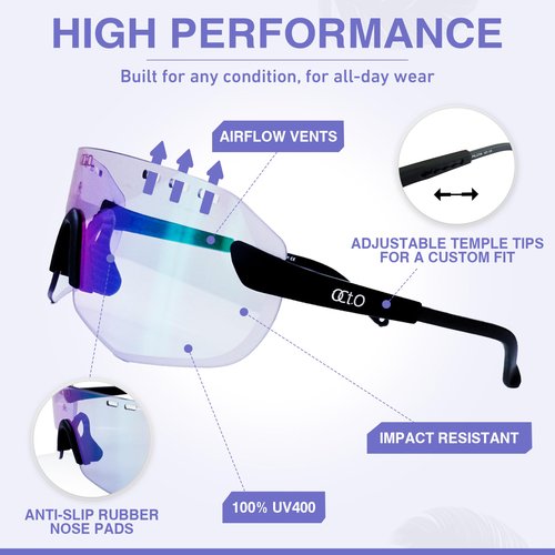 OCTO Photochromic Cycling Glasses - Lightweight Sports Sunglasses for Men & Women, UV400 Protection for Cycling, Running, Golf, and Outdoor Activities (Purple)