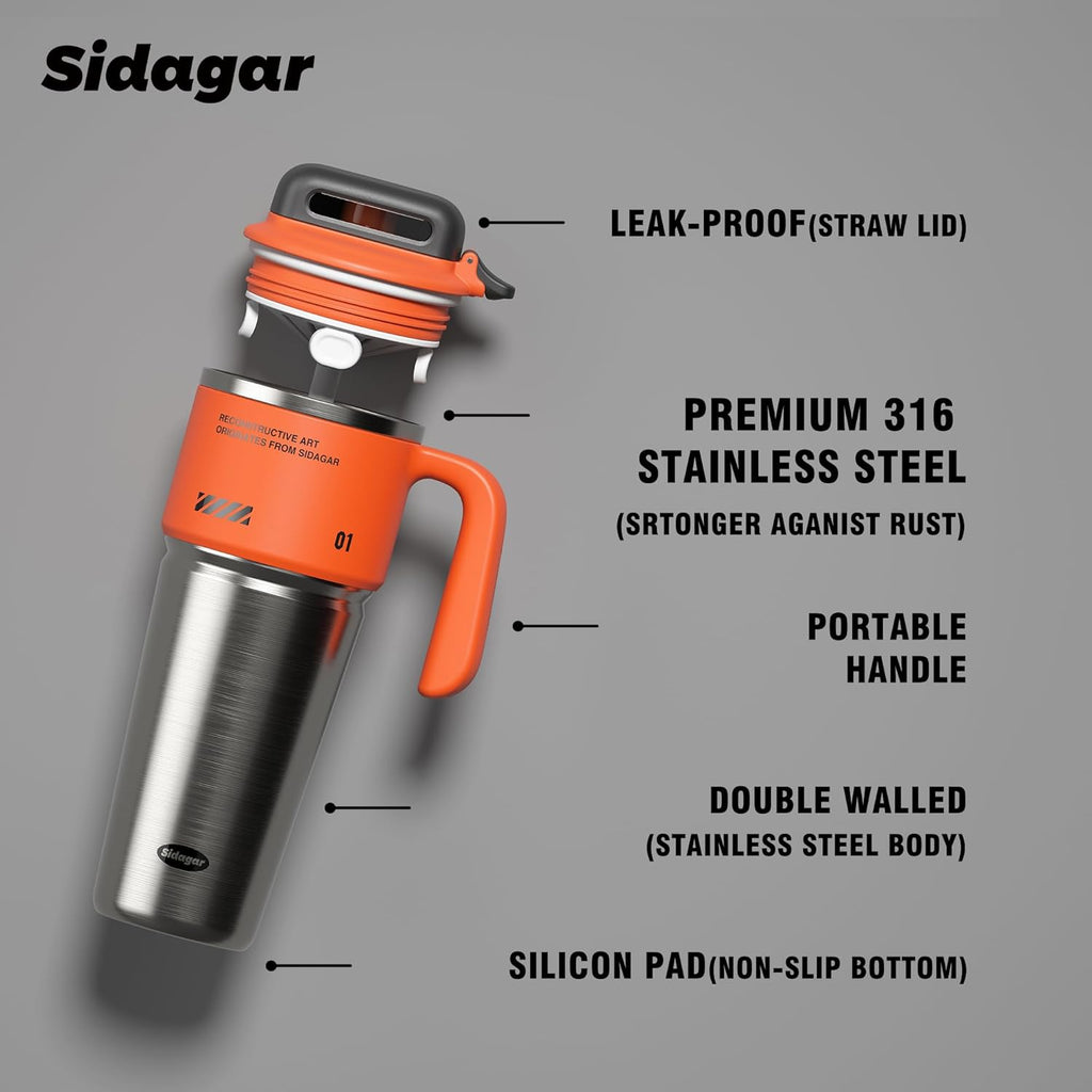Skiennix 32 oz Stainless Steel Insulated Water Bottle - Leak-Proof Travel Cup with Handle | Dynamic Orange