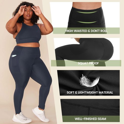 HLTPRO 3 Pack Plus Size Leggings with Pockets for Women - Black High Waisted Tummy Control Soft Yoga Pants for Gym Workout