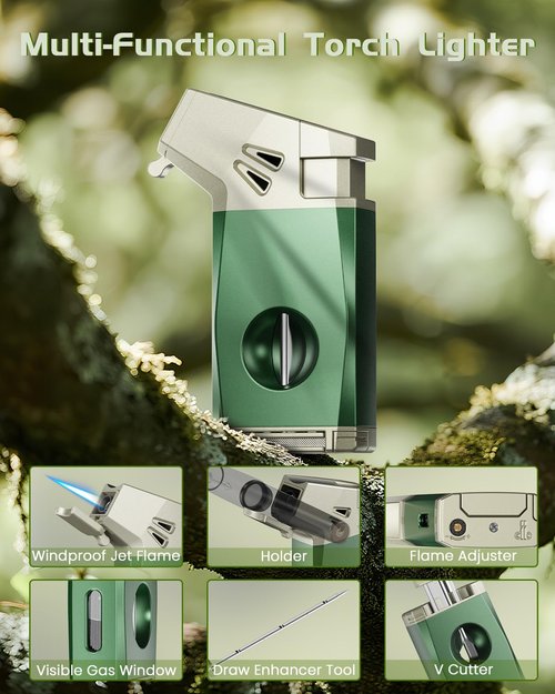 4-in-1 Torch Lighter with Holder, Cutter, Draw Enhancer Tool, Adjustable Windproof Jet Flame, Butane Refillable Torch Lighter, Multifunctional Lighter Accessories, Travel Lighter Gifts for Men