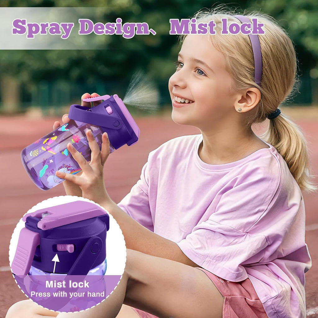 Skiennix 20oz Kids Water Bottle - Leak-Proof Design with Straw, Pop-Up Spout & Detachable Strap - Unicorn