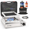 MOZODAWN Dual Fuel Camp Stove with Butane and Propane Compatibility, 10500 BTU Portable Camping Stove with Carrying Case, Storage Bag, Adapter Hose, Wind Guard, Outdoor Camping Essentials