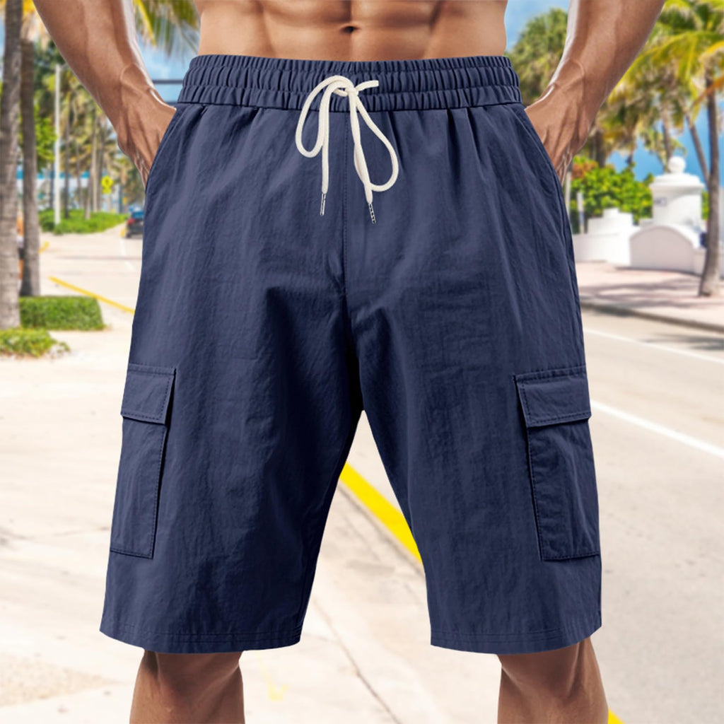 Zhyaj Mens Running Shorts Casual High Waist Athletic Wide Leg Summer Stretchy Drawstring Cargo Shorts with Multi Pockets Navy Blue L