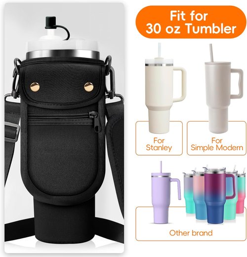 AceTreker Water Bottle Carrier Bag with Phone Pocket for Stanley 40/30 oz Tumbler Neoprene Insulated Mug Sleeve Pouch with 2 Pockets & Adjustable Strap & Straw Cover for Stanley Cup Accessories
