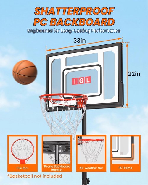 IGL Kids Basketball Hoop Outdoor | 4-8.5ft Adjustable Height | 33" Shatterproof Backboard | Fillable Base & Extra Anchor | Portable Goal w/Wheels for Backyard Driveway