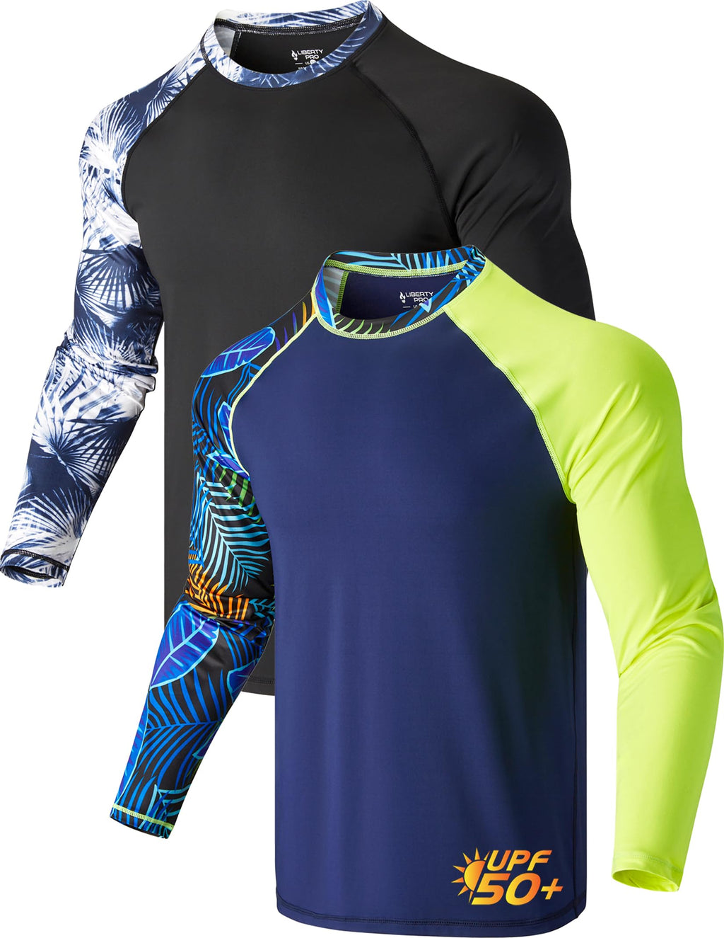 2 Pack Men’s Rash Guard Long Sleeve Swim Shirts UPF 50+ Sun Protection – Quick Dry Lightweight UV Fishing Surf Shirt (Set 1, Large)