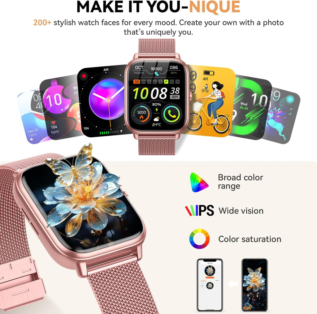Skiennix Smart Watch | 1000mAh Battery, Call Function & Fitness Tracker | Pink, 3 Straps, iOS/Android Compatible