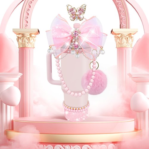LBU Bling Stanley Cup Accessories for 40&30&20 Oz Tumbler Including Diamond Bow Straw Topper, Stanley Bracelets Charms, Butterfly Straw Cover Cap, Pearl Handle Strap, Silicone Boot, Pom-Pom (Pink)