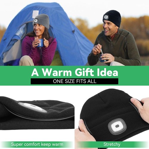 DETDLIB Gifts for Men, USB Rechargeable LED Headlamp Beanie, Valentines Day Gifts for Him, Men, Husband, Dad, Father, Mechanic, Women, Black
