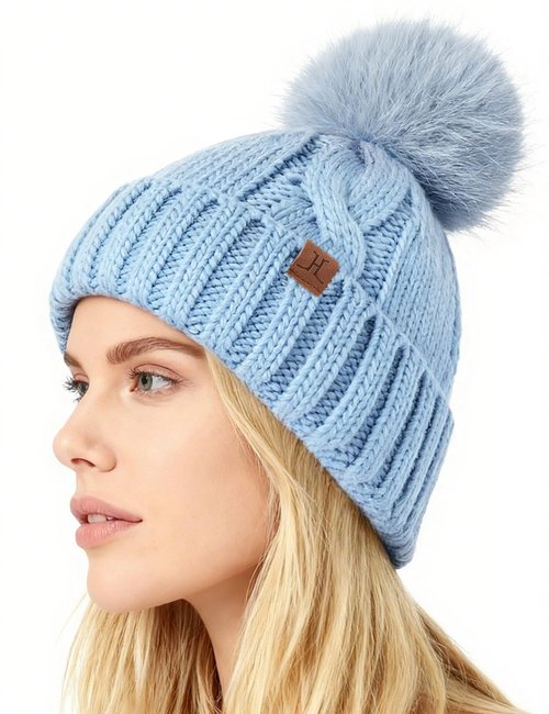 DS DADOU&XIAOSHAN Winter Hats for Women, Fleece Lined Beanie with Pom Pom, Girls Womens Knit Hat Beanies Toboggan (Sky Blue)