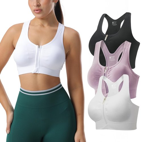 Senlinyoga Zip Front Sports Bras for Women-Raceback Medium Support Padded Bra for Workout Yoga Gym Running