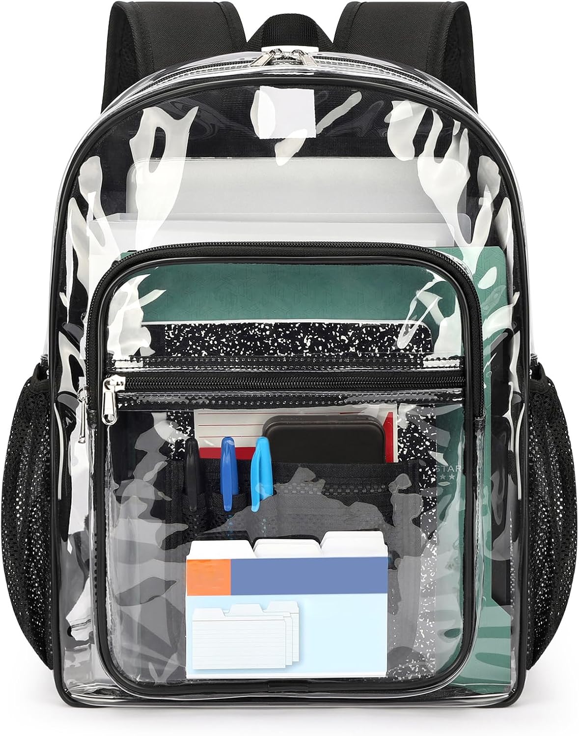 ZORFIN Clear Backpack - Heavy Duty 17in Transparent PVC Bag with Large Capacity & Reinforced Straps | Black