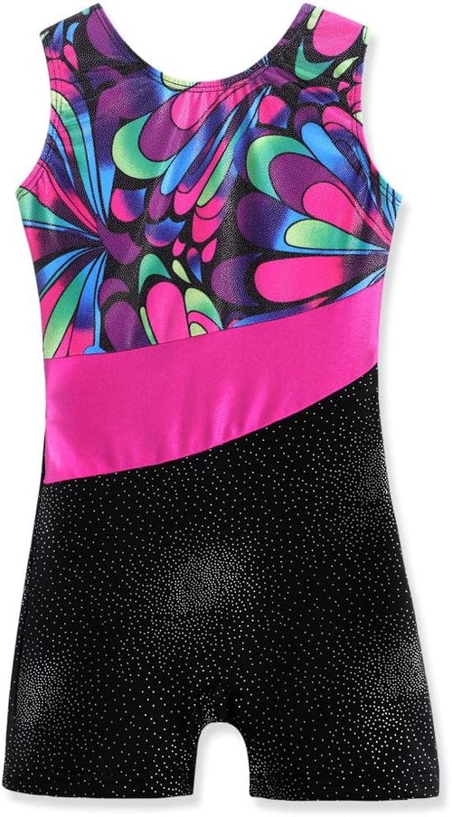 Belovance Gymnastics Leotards for Girls - Sparkle Butterfly & Flower Pattern | Hot Pink & Black