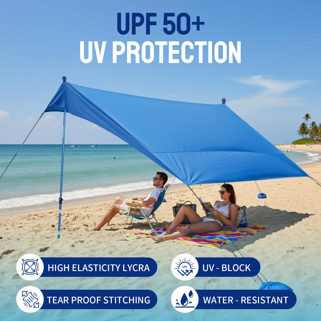 CROWN SHADES 7x7 Beach Tent Sun Shelter, Easy Pop Up Beach Canopy Shade, UPF50+, 2 Poles Adjustable, Blue