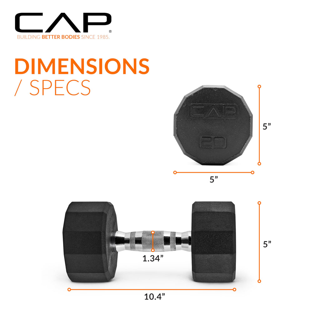 CAP 20 LB 12-Sided Rubber Coated Dumbbell Weight, Rubber Free Weights for Home Gym Strength Training, Chrome Handle, Single