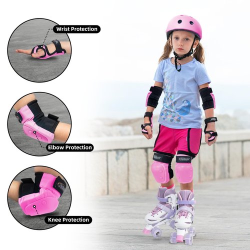 MammyGol Girls Knee Pads Elbow Pads Wrist Guards set 6 in 1 for Kids Ages 3-9 -Boys Knee Pads Protection Gear for Roller Skates Bike Cycling Skateboard Scooter(Pink)