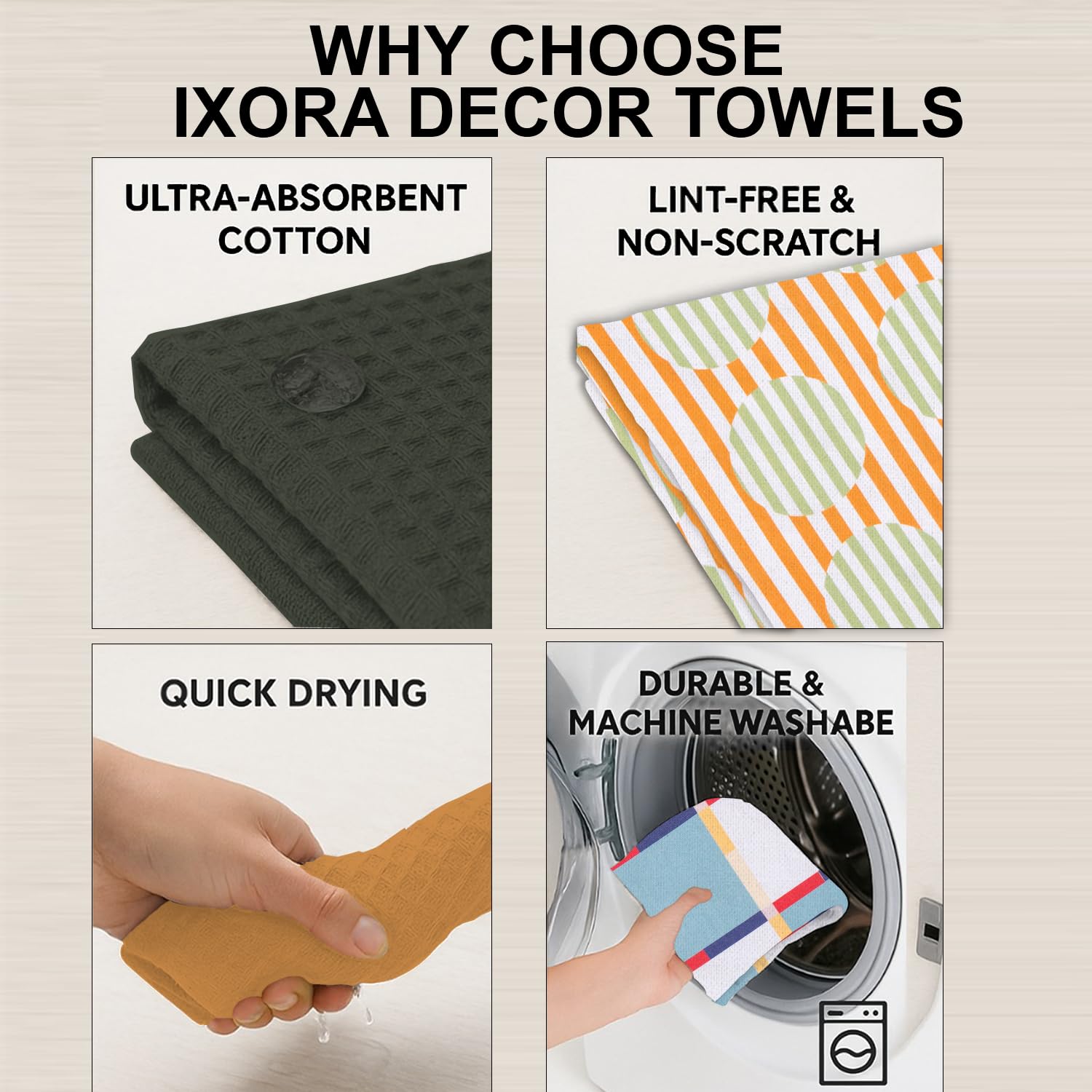 IXORA DECOR 100% Cotton Kitchen Towels Set of 4 | 2 Solid Dyed Waffle Weave Dishcloths & Geometric Digital Print Kitchen & Table Linen Cloth | Super Absorbent Napkins | 50 x 70 Inches
