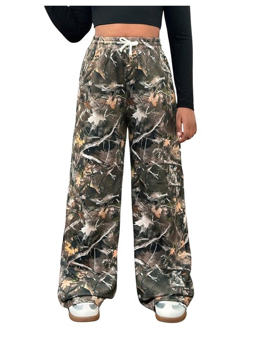 SOLY HUX Girl's Camo Wide Leg Pants Drawstring Waist Baggy Sweatpants with Pocket Army Green 12Y