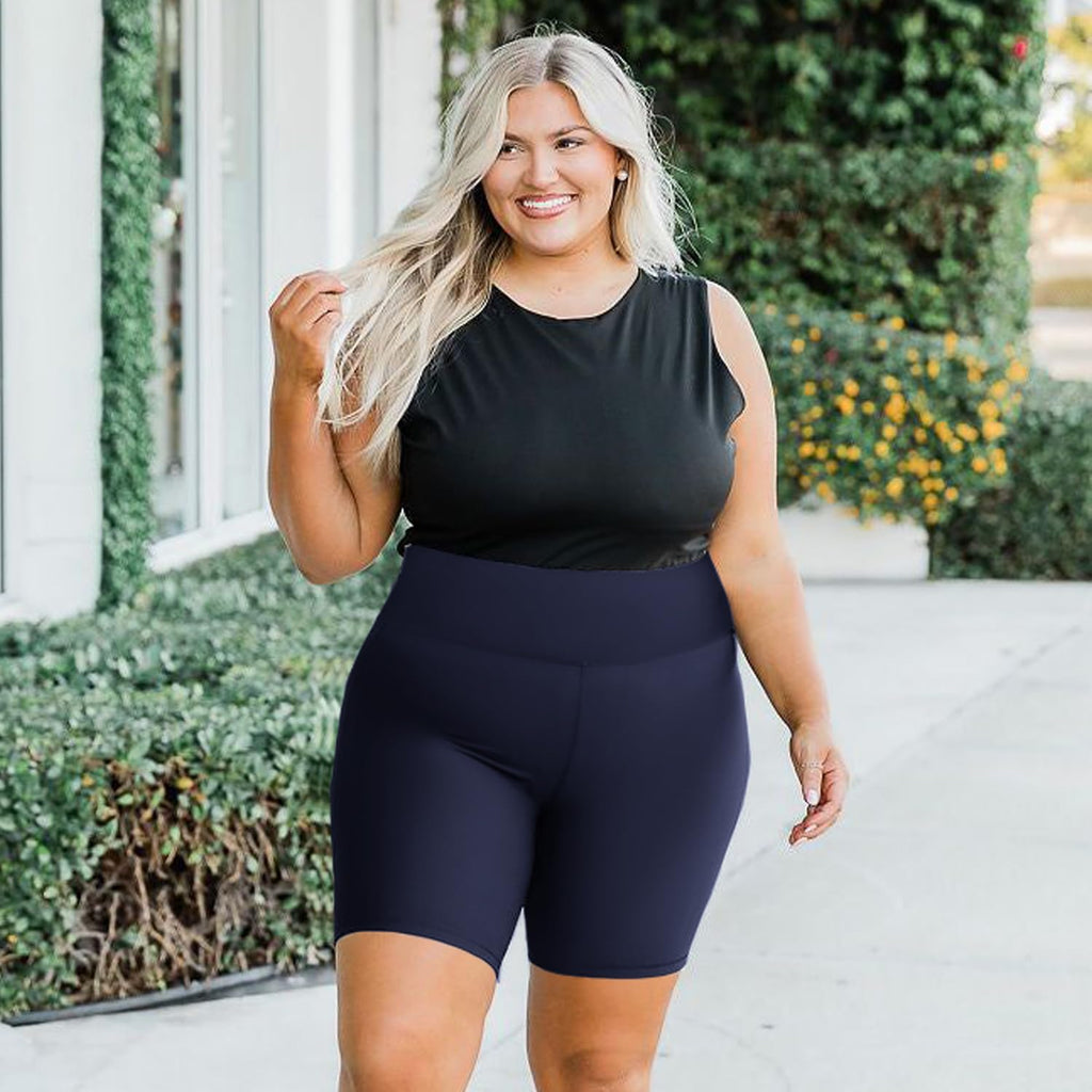 we fleece Plus Size Biker Shorts with Pockets for Women - High Waisted Spandex Athletic Bike Shorts for Yoga Workout Navy