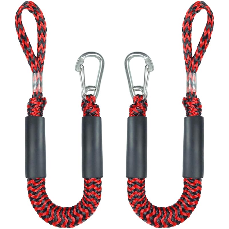 2 ft Bungee Dock Lines with 316 Stainless Snap Hooks – 2 Pack for Boat Mooring (Red & Black, 2 Feet) - Geelu