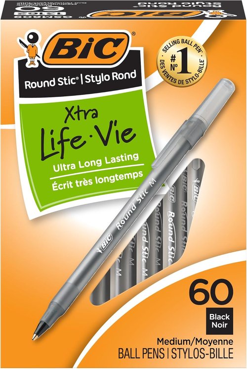 BIC Round Stic Xtra Life Ballpoint Pens - Ultra Long Lasting Ink Flow | 60-Count Black Ink