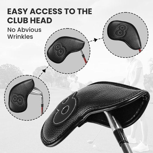 Golf Iron Covers Set Strong Magnetic Closure Value 10 Pack, Double Side Number Synthetic Leather Deluxe Club Headcover, Universal Head Cover Fit Main Irons Clubs for Women Men (Black)
