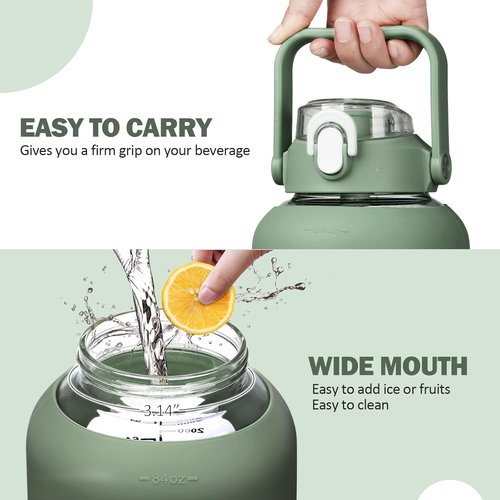 Kytffu 84oz Glass Water Bottle - Leakproof Gallon Jug with Straw & Silicone Sleeve | Olive Color