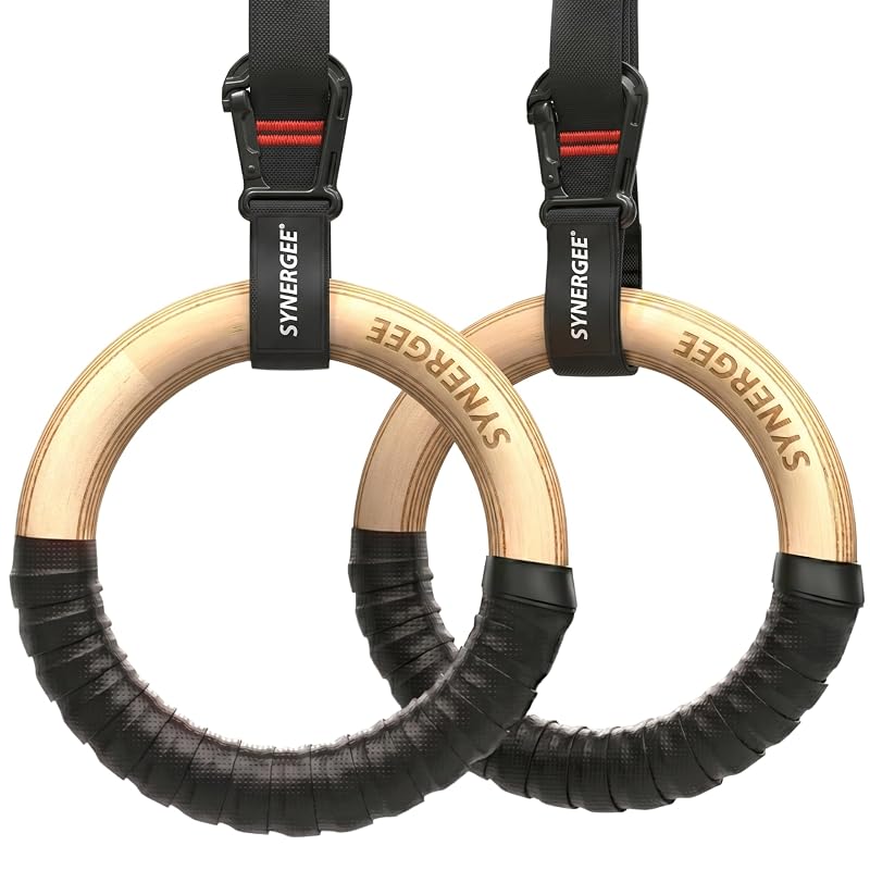 Wooden Gymnastic Rings 1.25" Set with Numbered Straps & Carabiners for Pull Ups, Dips, Muscle Ups