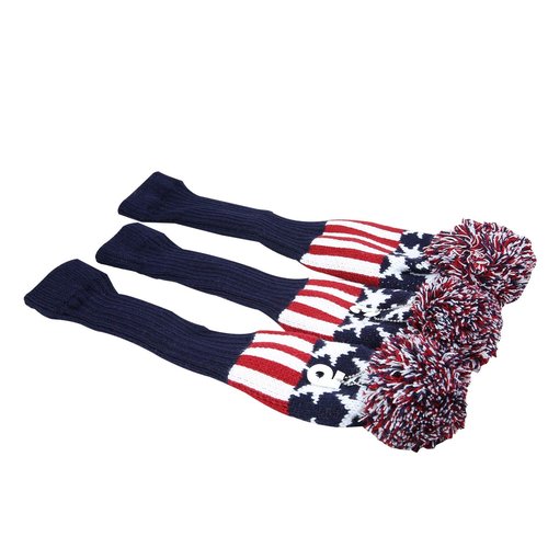 Golf Builder 3pcs/Set USA Stars and Stripes Knitted Golf Head Covers Sock Covers Pom Pom Covers for Driver Fairway Wood (Red)