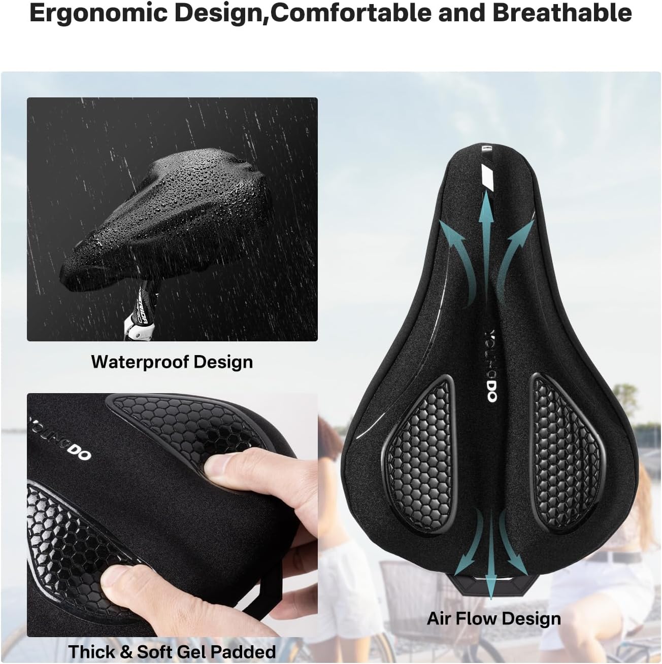 YOUNGDO Gel Bike Seat Cushion - Waterproof Cover, Shock Absorbing Pad for Peloton, BMX, MTB & Road