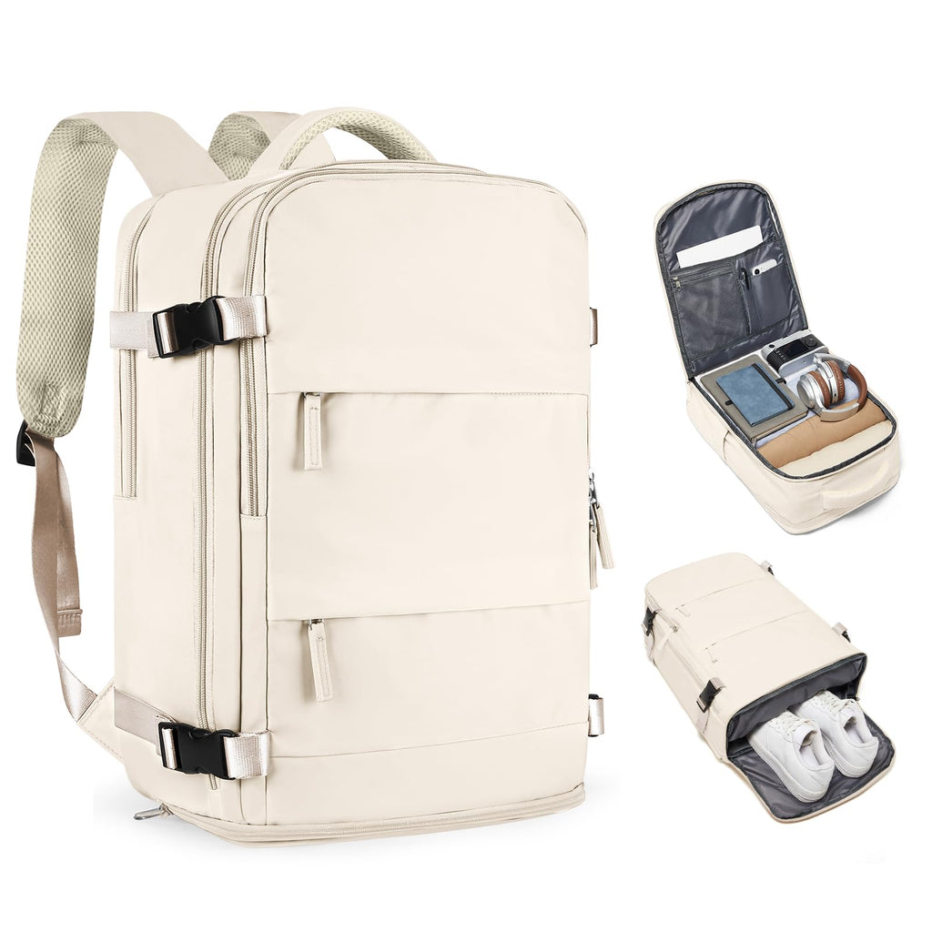 coofay Beige Travel Backpack For Women Men Airline Approved Personal Item Carry On Flight Approved Waterproof Backpack For Traveling On Airplane Weekender Travel Bag