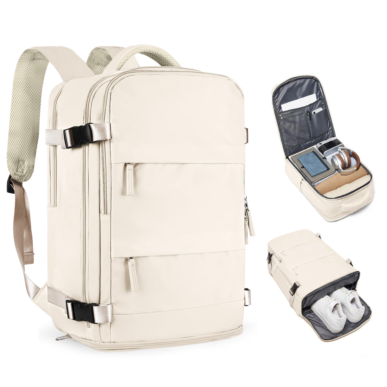 coofay Beige Travel Backpack For Women Men Airline Approved Personal Item Carry On Flight Approved Waterproof Backpack For Traveling On Airplane Weekender Travel Bag