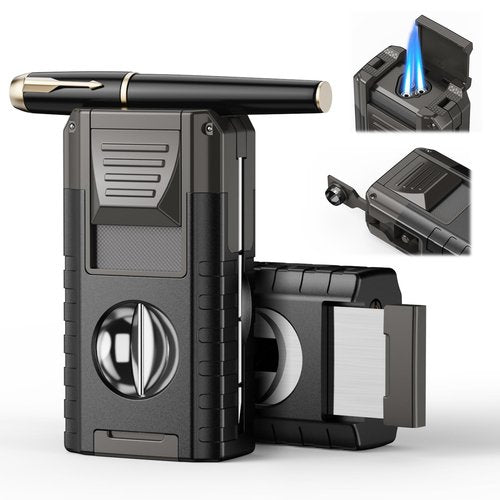 6-in-1 Torch Lighter, Torch Lighters with V & Straight Cutter, Windproof Triple Flame, Punch, Holder, and Draw Enhancer Tool, Butane Refillable Lighters, All-in-one Lighter Gifts for Men for Candles