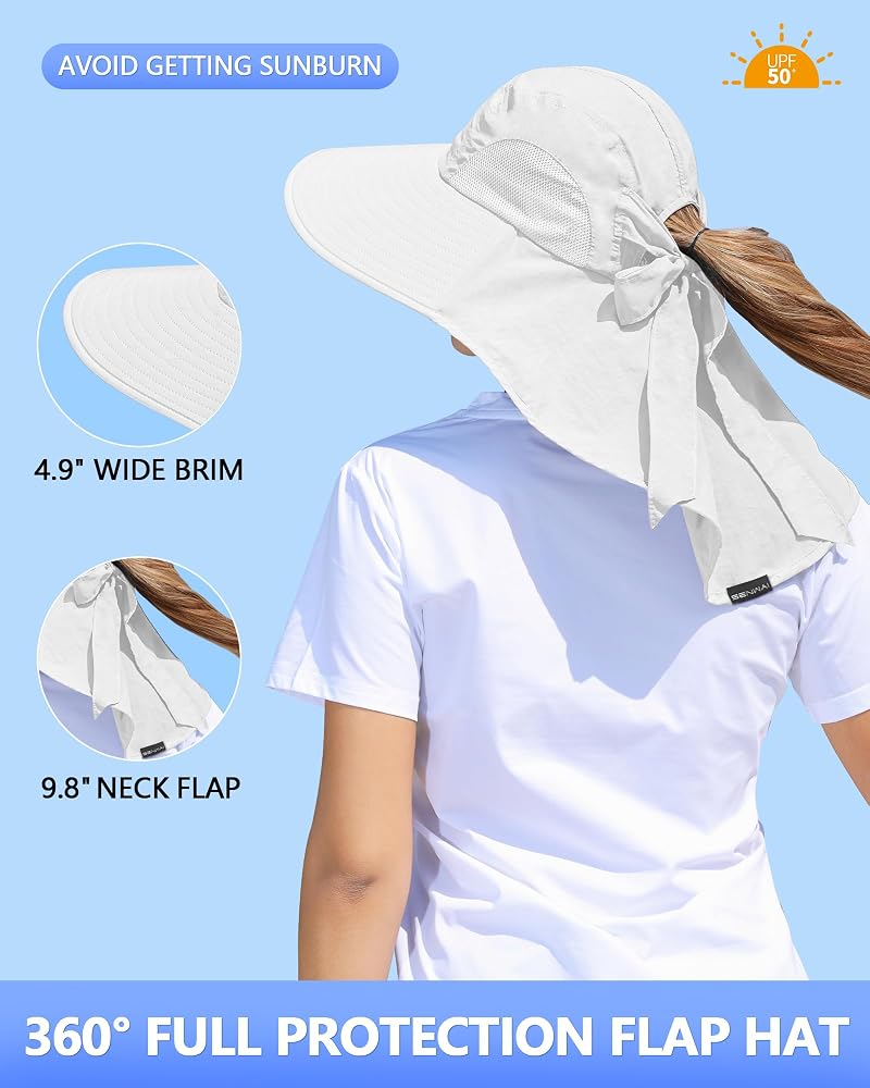 White One Size Sun Hat with Ponytail Hole and Neck Flap - UPF50+ Outdoor Fishing & Hiking
