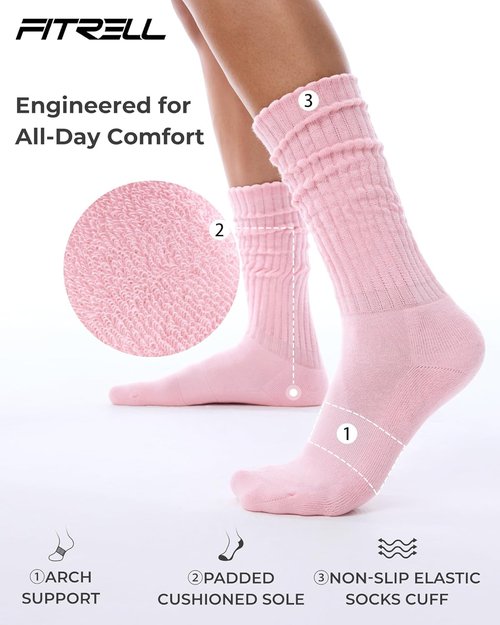 FITRELL Knee High Slouch Socks for Women - 3 Pairs of Soft Cotton Scrunch Tube Socks