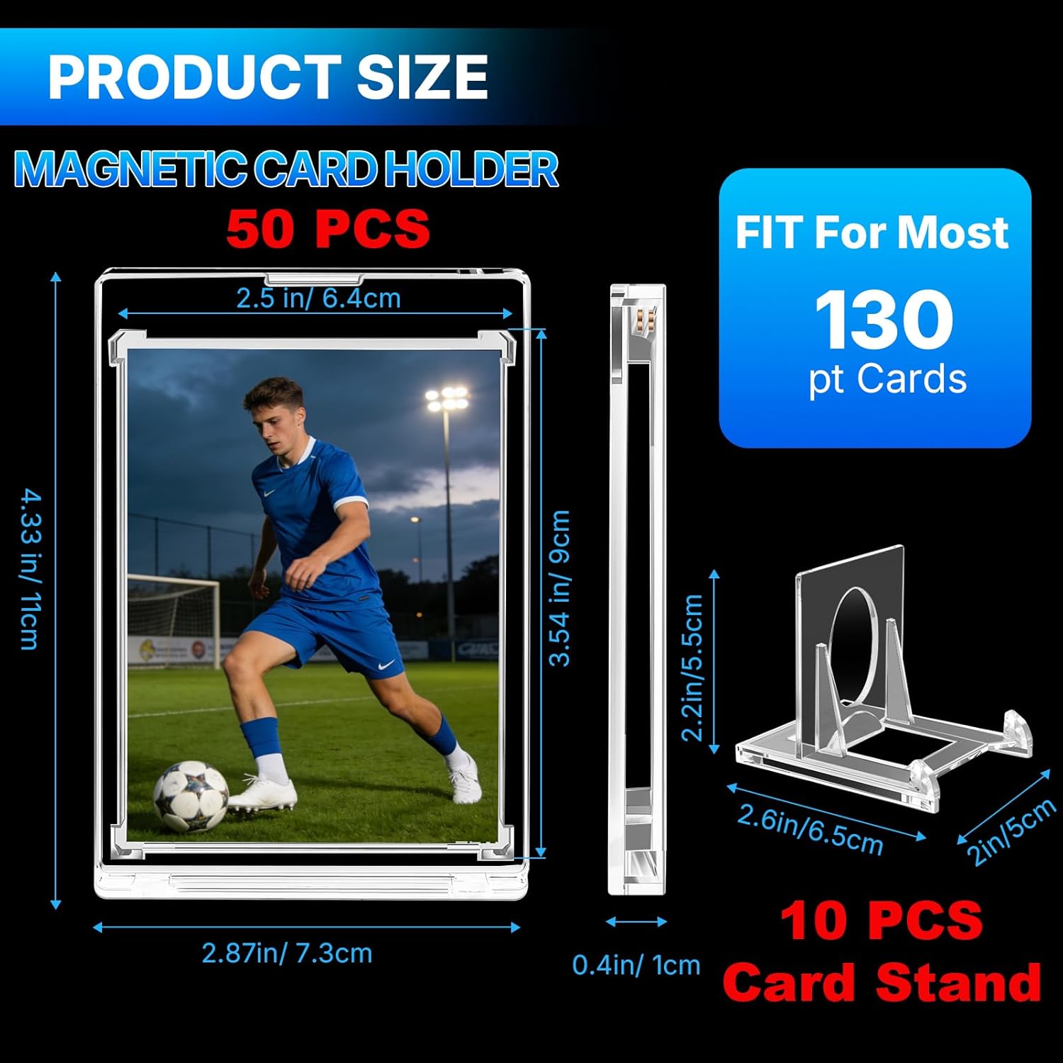 Skiennix Magnetic Card Holder - 50 Pcs 130PT Hard Protectors with 10 Stands | UV Protected Clear Display for Trading Cards