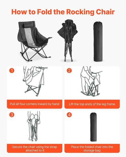 VEVOR Rocking Camping Chair, Portable Folding Rocker, Heavy-Duty Lawn Chair Recliner with Pocket, Supports 225lbs, Fully Padded Camp Chairs for Outdoor Patio Backyard Porch Garden