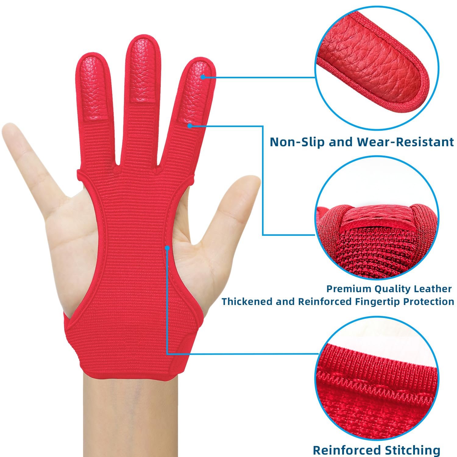 Seektop Archery Gloves Shooting Hunting Leather Three Finger Protector for Youth Adult Beginner (Red, M)
