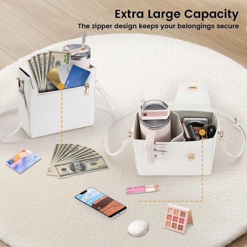 Outdoor Portable Crossbody Water Cup Storage Bag Crossbody Case with Sports Water Bottle Holder for Women Tumbler Purse with Water Bottle Pocket Compatible with Most Water Bottles Carrier Bag, White