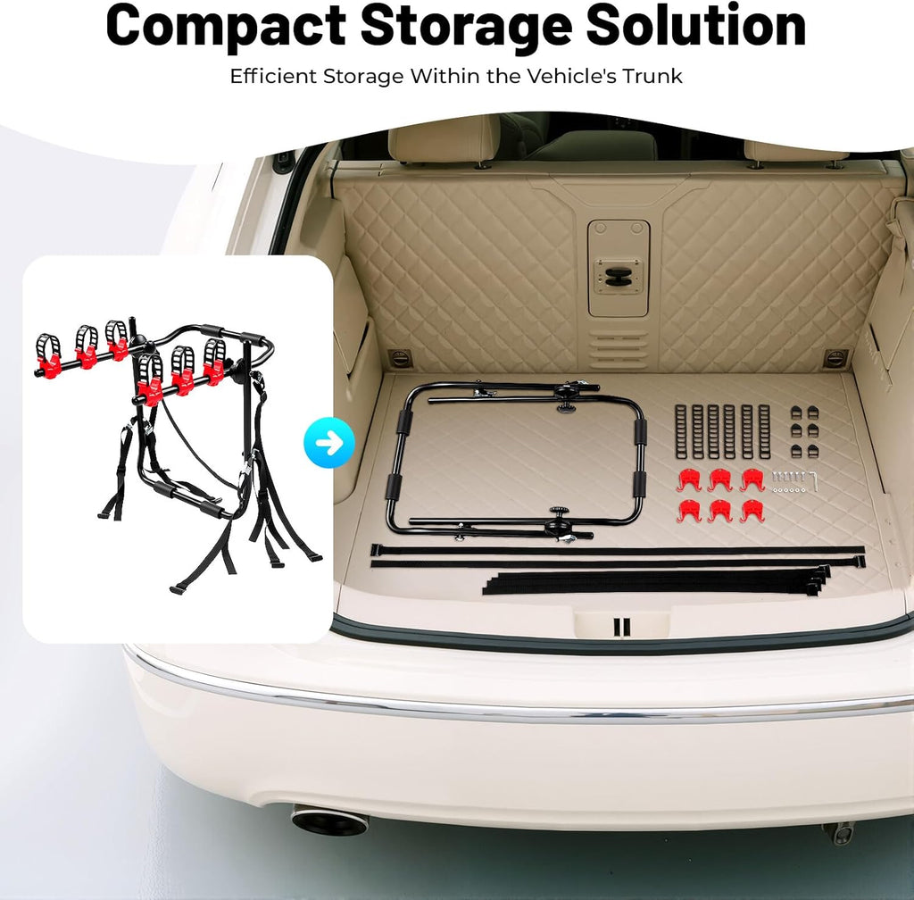 Skiennix Bike Rack - Trunk Mount for SUVs & Cars, 44lb Capacity, Foldable Steel, Holds 3 Bikes, Red & Black