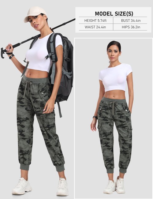 MoFiz Women Cargo Hiking Pants with Pocket Joggers Lightweight Quick Dry Elastic Waist Outdoor Athletic Running Sweatpants Casual Travel Pant Camouflage Green M